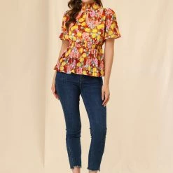 Allegra K Women's Keyhole Front Smocked Waist Flare Sleeve Floral Peplum Top