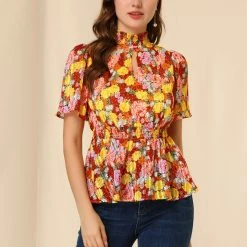 Allegra K Women's Keyhole Front Smocked Waist Flare Sleeve Floral Peplum Top