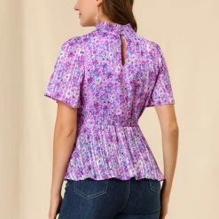 Allegra K Women's Keyhole Front Smocked Waist Flare Sleeve Floral Peplum Top