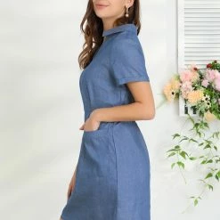 Allegra K Women's Turndown Collar Chambray Solid A-Line Shirt Denim Dress With Pockets