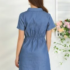 Allegra K Women's Turndown Collar Chambray Solid A-Line Shirt Denim Dress With Pockets