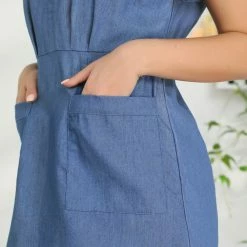 Allegra K Women's Turndown Collar Chambray Solid A-Line Shirt Denim Dress With Pockets