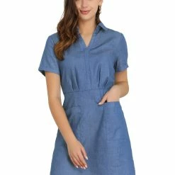 Allegra K Women's Turndown Collar Chambray Solid A-Line Shirt Denim Dress With Pockets