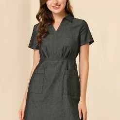 Allegra K Women's Turndown Collar Chambray Solid A-Line Shirt Denim Dress With Pockets