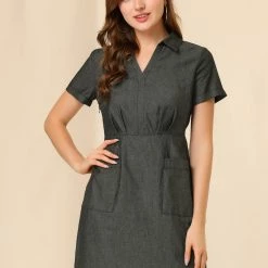 Allegra K Women's Turndown Collar Chambray Solid A-Line Shirt Denim Dress With Pockets
