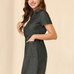 Allegra K Women's Turndown Collar Chambray Solid A-Line Shirt Denim Dress With Pockets