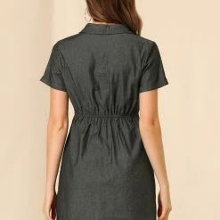 Allegra K Women's Turndown Collar Chambray Solid A-Line Shirt Denim Dress With Pockets