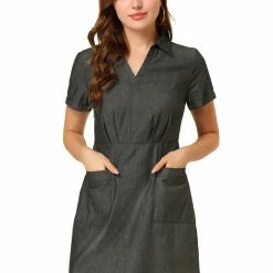 Allegra K Women's Turndown Collar Chambray Solid A-Line Shirt Denim Dress With Pockets
