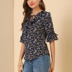 Allegra K Women's Ruffled Tie-Neck Layered Ruffle Elbow Sleeve Casual Floral Blouse