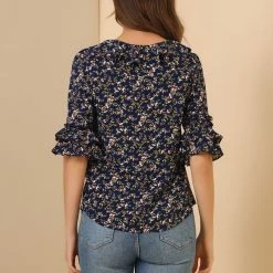 Allegra K Women's Ruffled Tie-Neck Layered Ruffle Elbow Sleeve Casual Floral Blouse