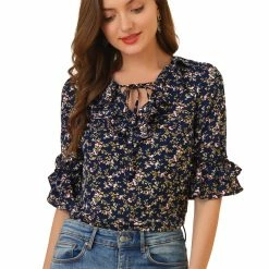 Allegra K Women's Ruffled Tie-Neck Layered Ruffle Elbow Sleeve Casual Floral Blouse
