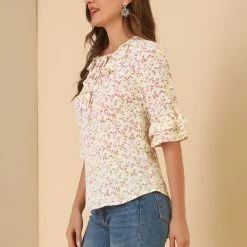 Allegra K Women's Ruffled Tie-Neck Layered Ruffle Elbow Sleeve Casual Floral Blouse