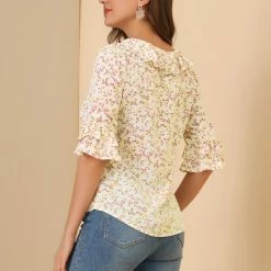 Allegra K Women's Ruffled Tie-Neck Layered Ruffle Elbow Sleeve Casual Floral Blouse