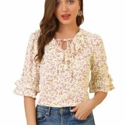 Allegra K Women's Ruffled Tie-Neck Layered Ruffle Elbow Sleeve Casual Floral Blouse
