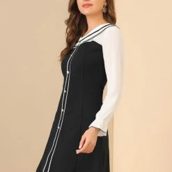 Allegra K Women's Doll Collar Cute Color Block Lond Sleeve Stretchy A-line Dress