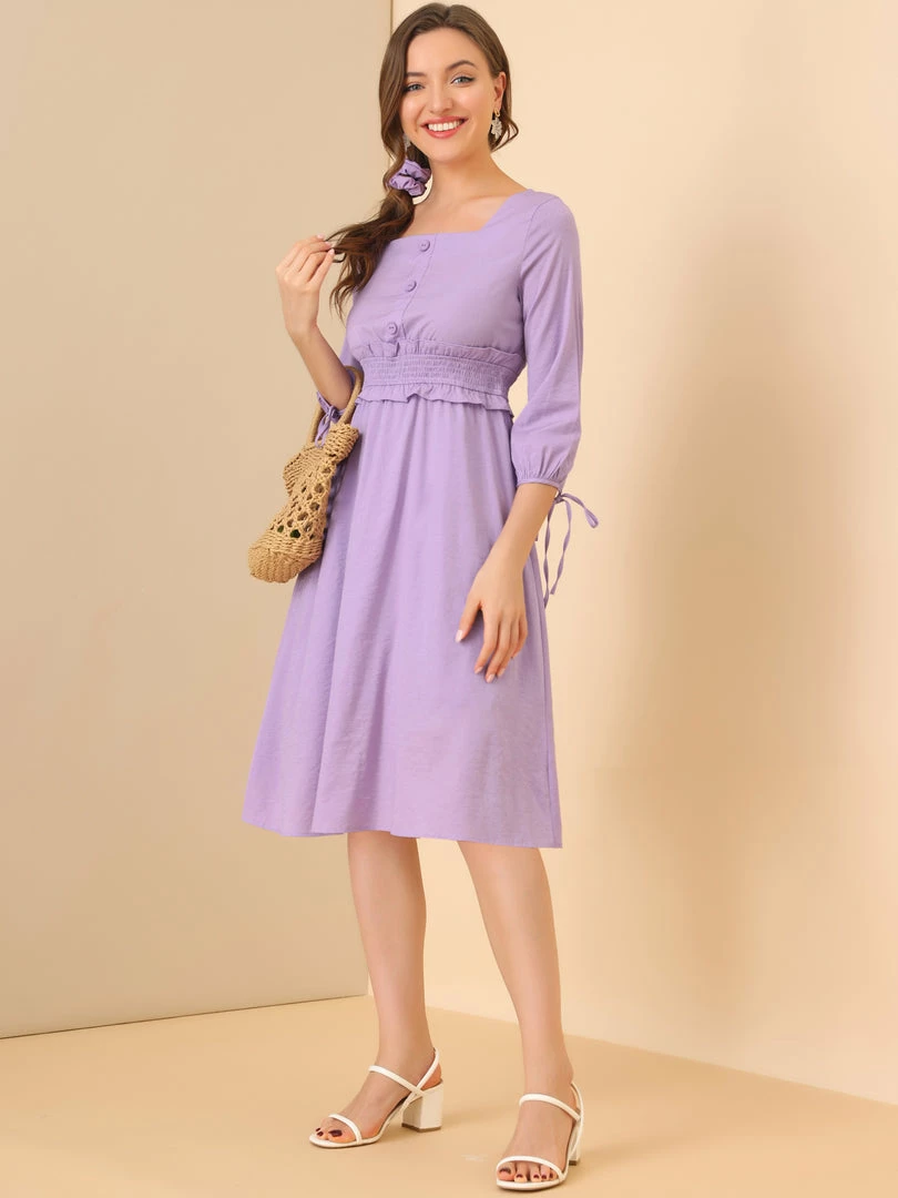 Allegra K Women's 3/4 Sleeve Solid Dresses Square Neck Button Decor Smock Waist Midi Dress 5 Allegra K Women's 3/4 Sleeve Solid Dresses Square Neck Button Decor Smock Waist Midi Dress