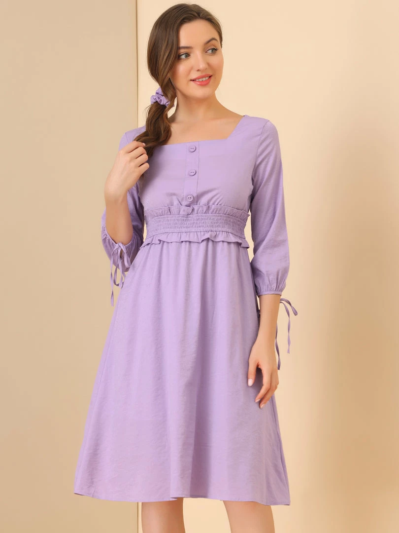 Allegra K Women's 3/4 Sleeve Solid Dresses Square Neck Button Decor Smock Waist Midi Dress 6 Allegra K Women's 3/4 Sleeve Solid Dresses Square Neck Button Decor Smock Waist Midi Dress