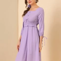 Allegra K Women's 3/4 Sleeve Solid Dresses Square Neck Button Decor Smock Waist Midi Dress 13 Allegra K Women's 3/4 Sleeve Solid Dresses Square Neck Button Decor Smock Waist Midi Dress