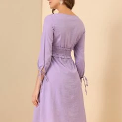 Allegra K Women's 3/4 Sleeve Solid Dresses Square Neck Button Decor Smock Waist Midi Dress 14 Allegra K Women's 3/4 Sleeve Solid Dresses Square Neck Button Decor Smock Waist Midi Dress