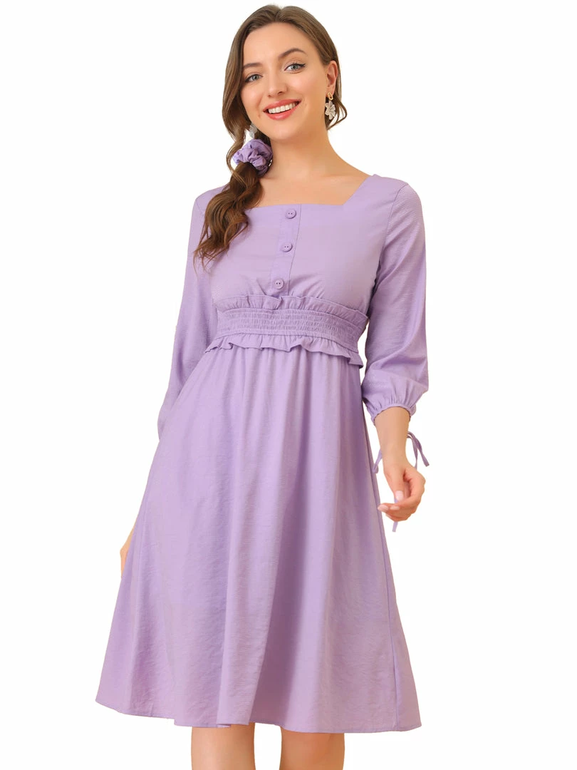 Allegra K Women's 3/4 Sleeve Solid Dresses Square Neck Button Decor Smock Waist Midi Dress 4 Allegra K Women's 3/4 Sleeve Solid Dresses Square Neck Button Decor Smock Waist Midi Dress