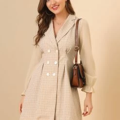 Allegra K Women's Plaid Notched Lapel Double Breasted Elastic Cuff Elegant Long Sleeve Blazer Dress