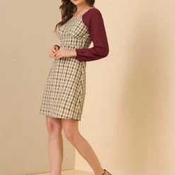 Allegra K Women's Long Sleeve Square Neck Cute Party A-line Plaid Dress