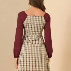 Allegra K Women's Long Sleeve Square Neck Cute Party A-line Plaid Dress