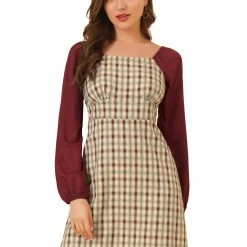 Allegra K Women's Long Sleeve Square Neck Cute Party A-line Plaid Dress