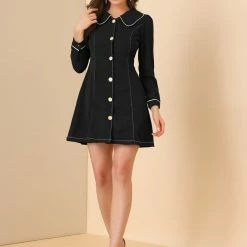 Allegra K Women's Contrast Trim Peter Pan Collar Button Front Shirtdress
