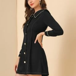 Allegra K Women's Contrast Trim Peter Pan Collar Button Front Shirtdress