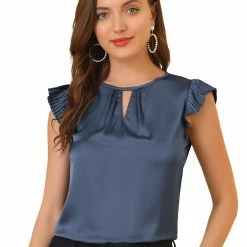 Allegra K Women's Cut Out Keyhole Back Straight Solid Pleated Cap Sleeve Blouse