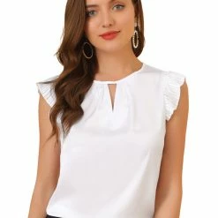 Allegra K Women's Cut Out Keyhole Back Straight Solid Pleated Cap Sleeve Blouse