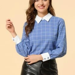 Allegra K Women's Contrast Turndown Collar Button Back Check Plaid Work Shirt