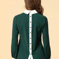 Allegra K Women's Contrast Turndown Collar Button Back Check Plaid Work Shirt