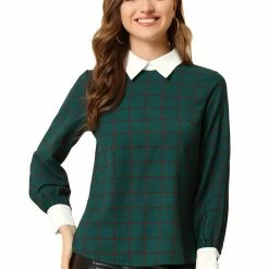 Allegra K Women's Contrast Turndown Collar Button Back Check Plaid Work Shirt