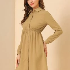 Allegra K Women's Smocked Waist A-Line Button Closure Business Casual Shirt Dress 11 Allegra K Women's Smocked Waist A-Line Button Closure Business Casual Shirt Dress