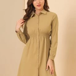 Allegra K Women's Smocked Waist A-Line Button Closure Business Casual Shirt Dress 12 Allegra K Women's Smocked Waist A-Line Button Closure Business Casual Shirt Dress