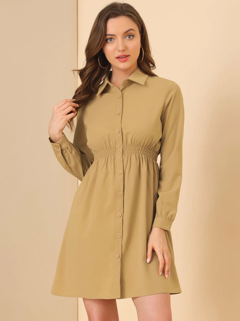 Allegra K Women's Smocked Waist A-Line Button Closure Business Casual Shirt Dress 6 Allegra K Women's Smocked Waist A-Line Button Closure Business Casual Shirt Dress