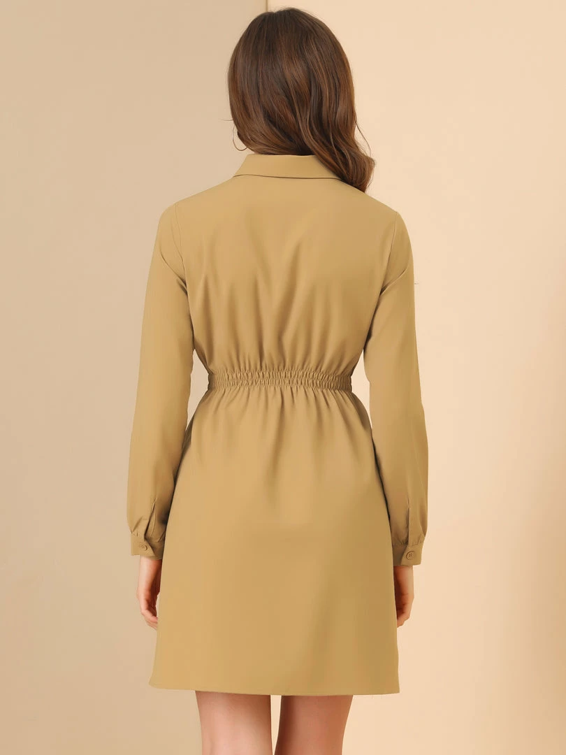 Allegra K Women's Smocked Waist A-Line Button Closure Business Casual Shirt Dress 8 Allegra K Women's Smocked Waist A-Line Button Closure Business Casual Shirt Dress