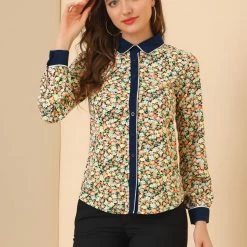 Allegra K Women's Floral Printed Button Up Contrast Color Long Sleeve Work Office Shirt Top 41 Allegra K Women's Floral Printed Button Up Contrast Color Long Sleeve Work Office Shirt Top