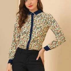 Allegra K Women's Floral Printed Button Up Contrast Color Long Sleeve Work Office Shirt Top 42 Allegra K Women's Floral Printed Button Up Contrast Color Long Sleeve Work Office Shirt Top