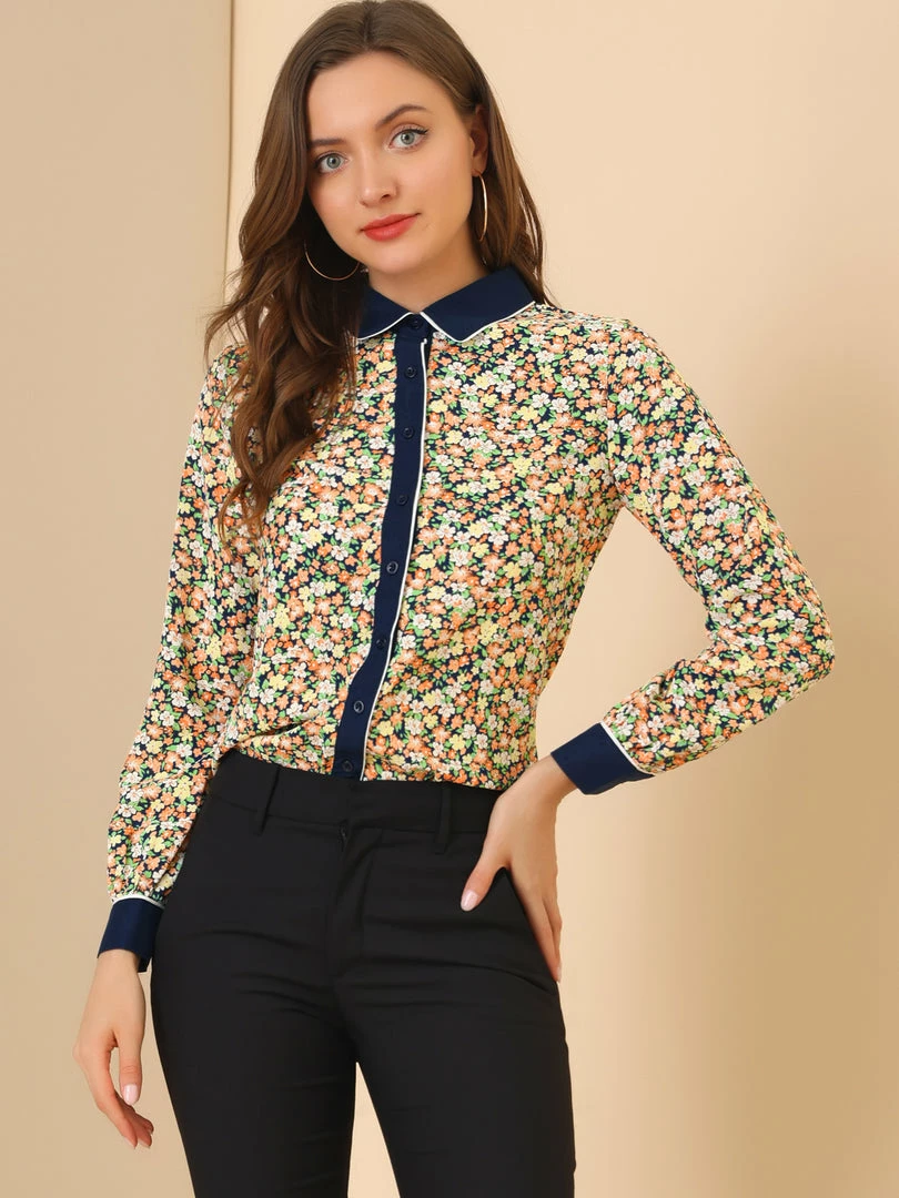 Allegra K Women's Floral Printed Button Up Contrast Color Long Sleeve Work Office Shirt Top 18 Allegra K Women's Floral Printed Button Up Contrast Color Long Sleeve Work Office Shirt Top