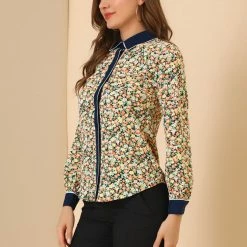 Allegra K Women's Floral Printed Button Up Contrast Color Long Sleeve Work Office Shirt Top 43 Allegra K Women's Floral Printed Button Up Contrast Color Long Sleeve Work Office Shirt Top
