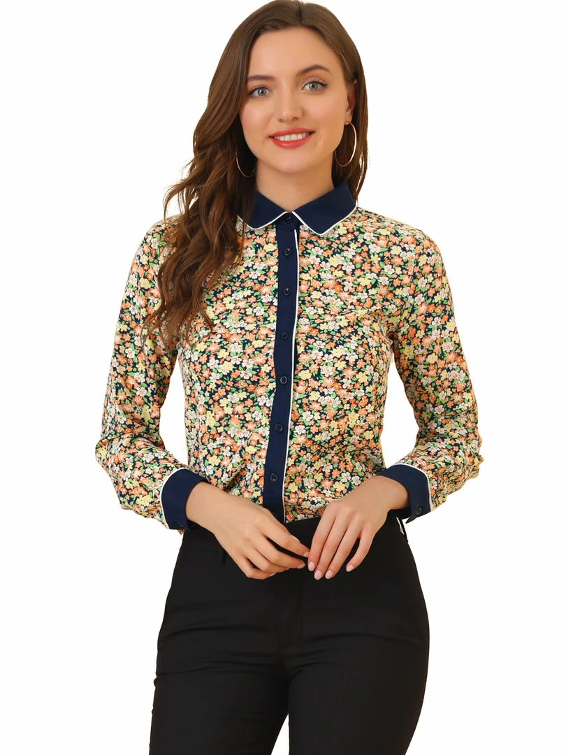 Allegra K Women's Floral Printed Button Up Contrast Color Long Sleeve Work Office Shirt Top 16 Allegra K Women's Floral Printed Button Up Contrast Color Long Sleeve Work Office Shirt Top