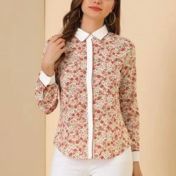 Allegra K Women's Floral Printed Button Up Contrast Color Long Sleeve Work Office Shirt Top 47 Allegra K Women's Floral Printed Button Up Contrast Color Long Sleeve Work Office Shirt Top