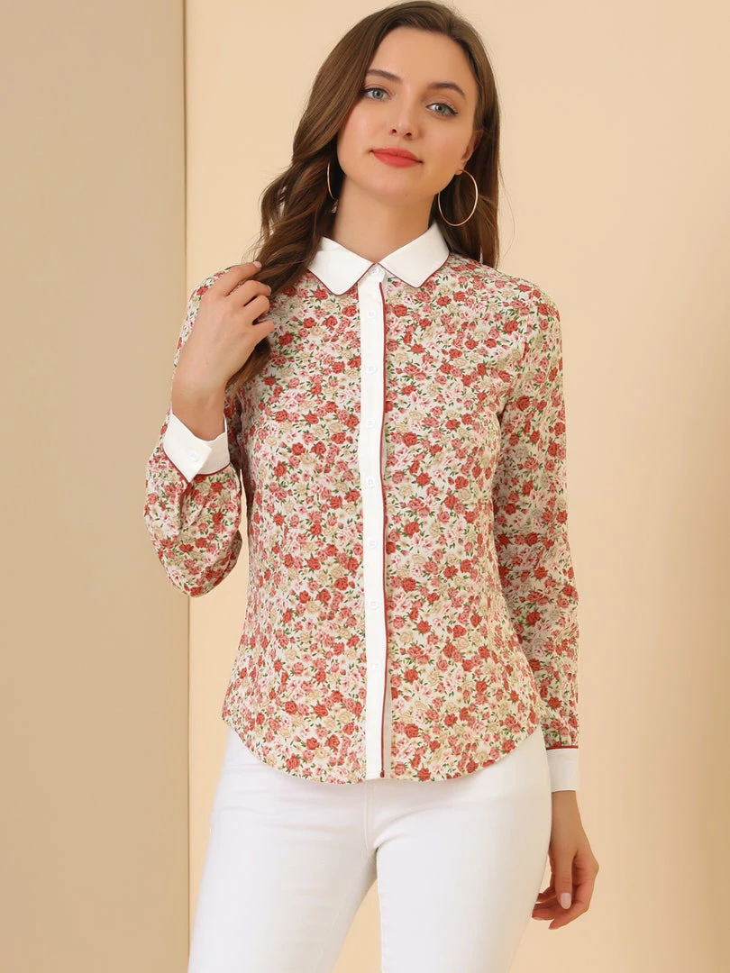 Allegra K Women's Floral Printed Button Up Contrast Color Long Sleeve Work Office Shirt Top 23 Allegra K Women's Floral Printed Button Up Contrast Color Long Sleeve Work Office Shirt Top