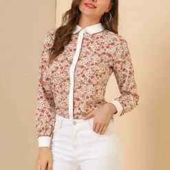 Allegra K Women's Floral Printed Button Up Contrast Color Long Sleeve Work Office Shirt Top 48 Allegra K Women's Floral Printed Button Up Contrast Color Long Sleeve Work Office Shirt Top