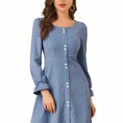 Allegra K Women's Casual Button Down Long Sleeve Elegant A-line Fall Dress