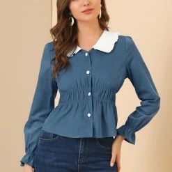 Allegra K Women's Contrast Ruffle Peter Pan Collar Smocked Waist Blouse 11 Allegra K Women's Contrast Ruffle Peter Pan Collar Smocked Waist Blouse