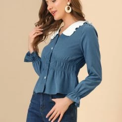 Allegra K Women's Contrast Ruffle Peter Pan Collar Smocked Waist Blouse 13 Allegra K Women's Contrast Ruffle Peter Pan Collar Smocked Waist Blouse